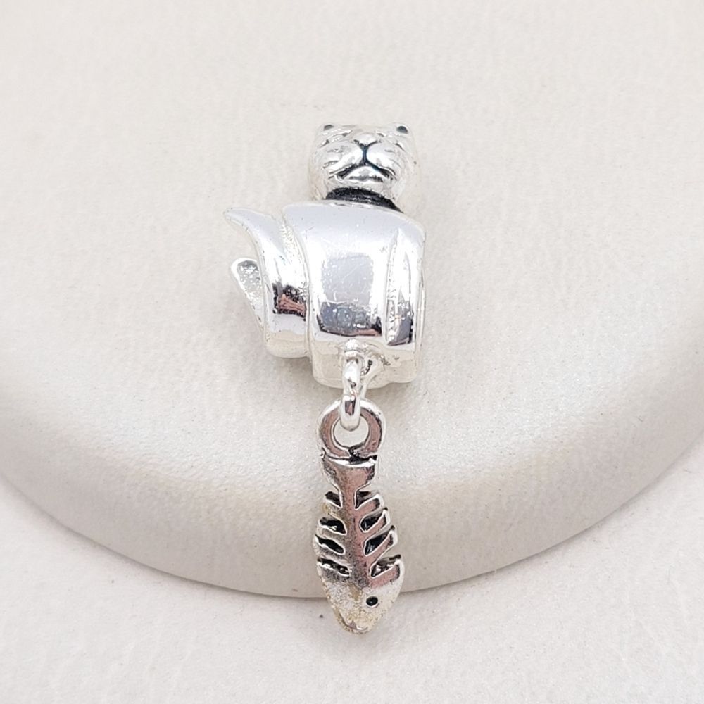 5/$25 ❤ Silver Kitty Cat With Fish Dangle Charm for Pandora Bracelets - Picture 2 of 2